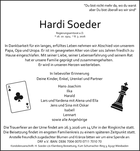 Traueranzeige von Hardi Soeder von Wiesbadener Kurier