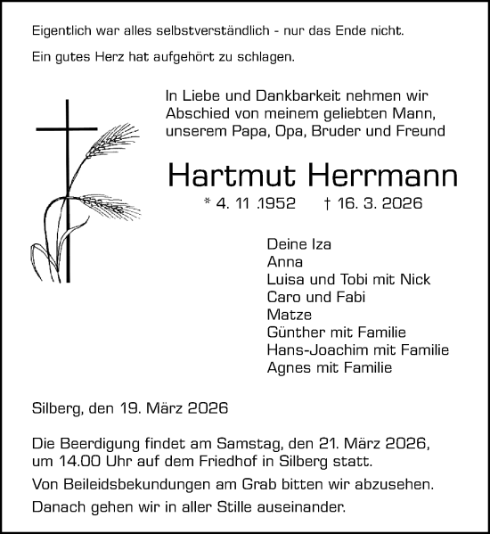 Traueranzeige von Hartmut Herrmann von Hinterländer Anzeiger