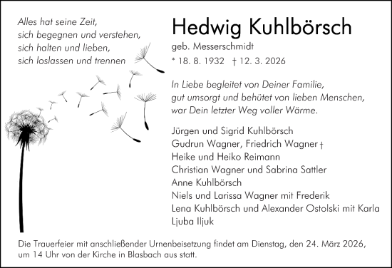 Traueranzeige von Hedwig Kuhlbörsch von Wetzlarer Neue Zeitung