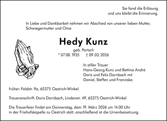 Traueranzeige von Hedy Kunz von Rheingau Kurier