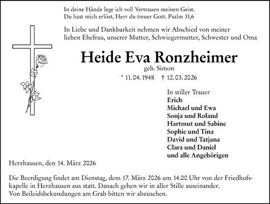 Traueranzeige von Heide Eva Ronzheimer von Hinterländer Anzeiger