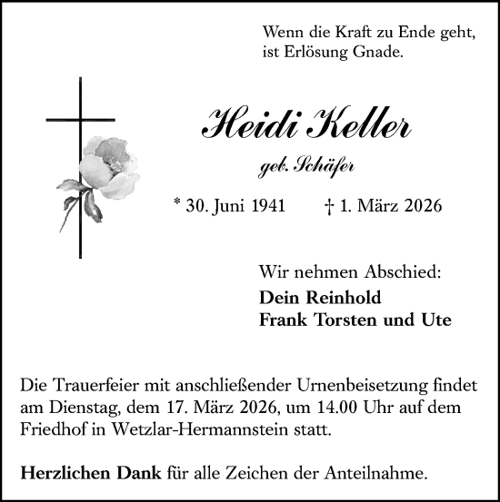 Traueranzeige von Heidi Keller von Wetzlarer Neue Zeitung