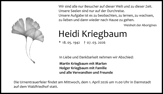 Traueranzeige von Heidi Kriegbaum von Darmstädter Echo