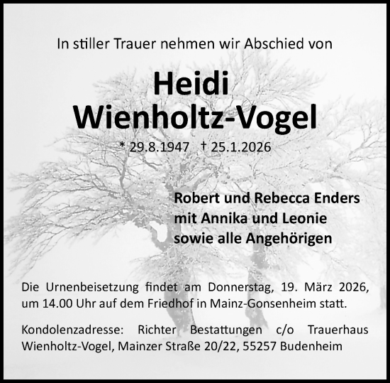Traueranzeige von Heidi Wienholtz-Vogel von Allgemeine Zeitung Mainz