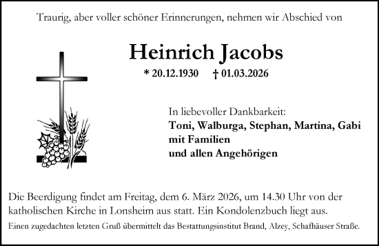 Traueranzeige von Heinrich Jacobs von Allgemeine Zeitung Alzey