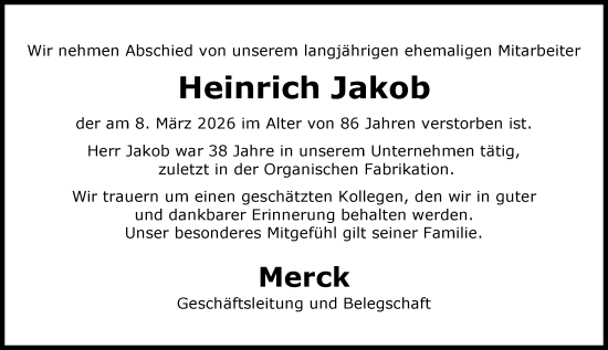 Traueranzeige von Heinrich Jakob von Darmstädter Echo