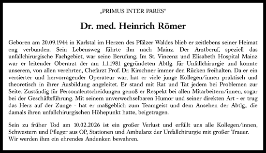 Traueranzeige von Heinrich Römer von Allgemeine Zeitung Mainz