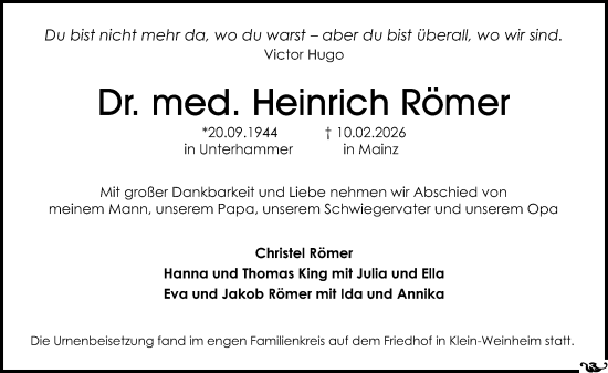 Traueranzeige von Heinrich Römer von Allgemeine Zeitung Mainz
