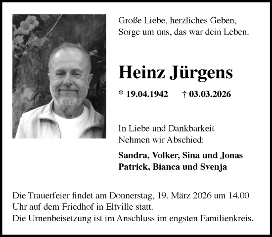 Traueranzeige von Heinz Jürgens von Rheingau Kurier