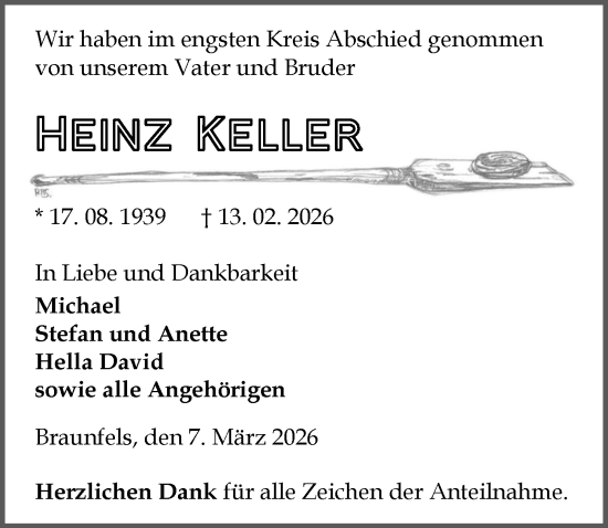 Traueranzeige von Heinz Keller von Wetzlarer Neue Zeitung