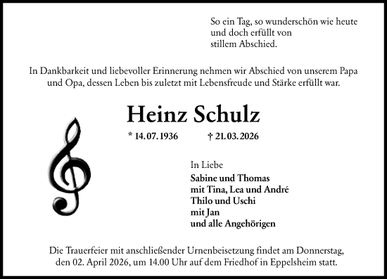 Traueranzeige von Heinz Schulz von Allgemeine Zeitung Alzey