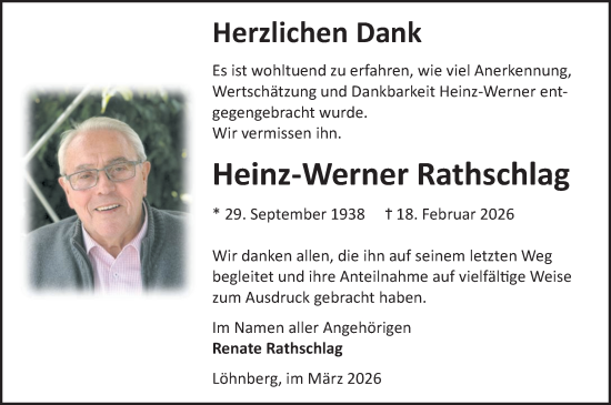 Traueranzeige von Heinz-Werner Rathschlag von Weilburger Tageblatt
