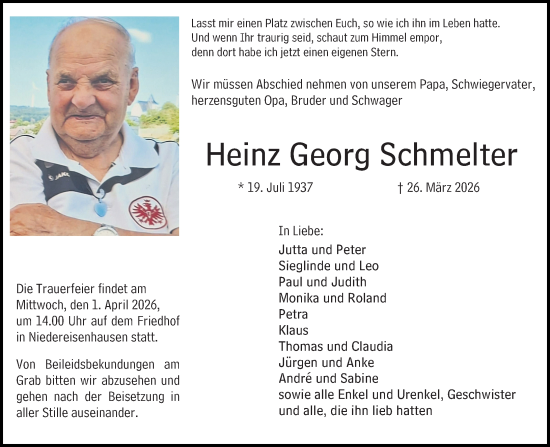 Traueranzeige von Heinz Georg Schmelter von Hinterländer Anzeiger