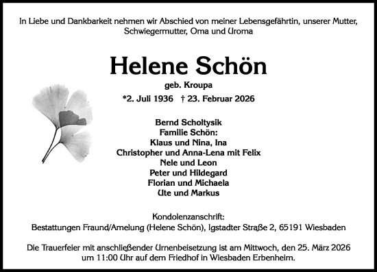 Traueranzeige von Helene Schön von Wiesbadener Kurier