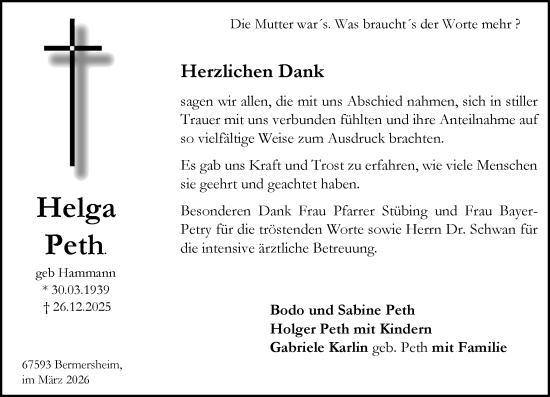 Traueranzeige von Helga Peth von Wormser Zeitung