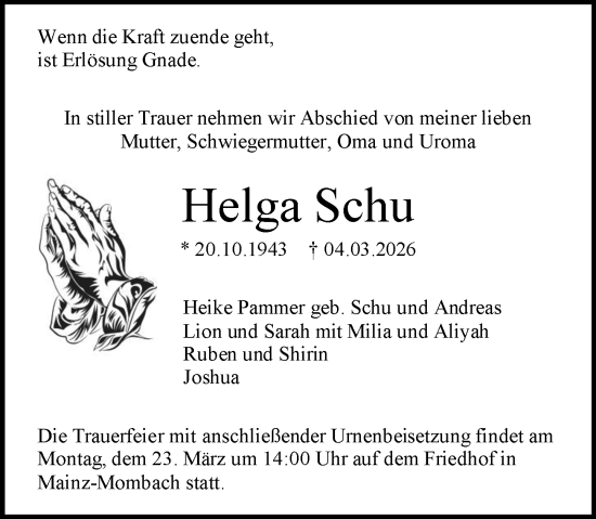 Traueranzeige von Helga Schu von Allgemeine Zeitung Rheinhessen-Nahe