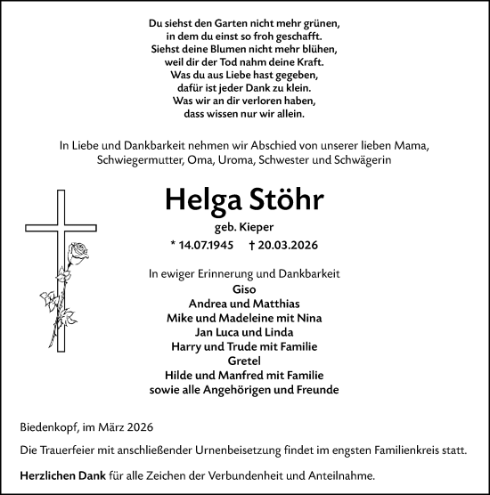 Traueranzeige von Helga Stöhr von Hinterländer Anzeiger