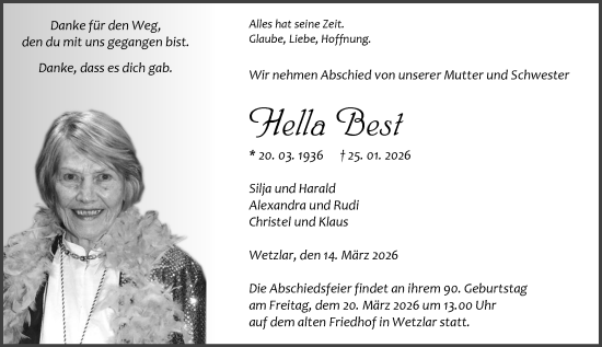 Traueranzeige von Hella Best von Wetzlarer Neue Zeitung