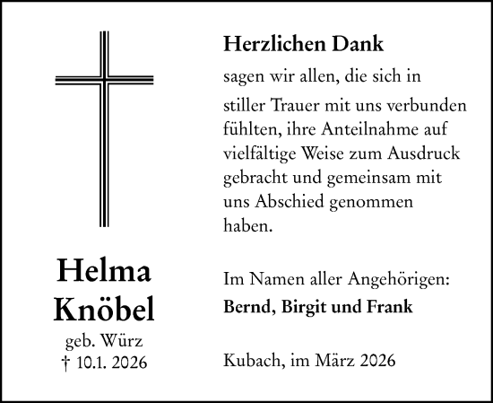 Traueranzeige von Helma Knöbel von Weilburger Tageblatt