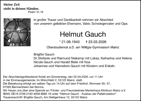 Traueranzeige von Helmut Gauch von Allgemeine Zeitung Mainz