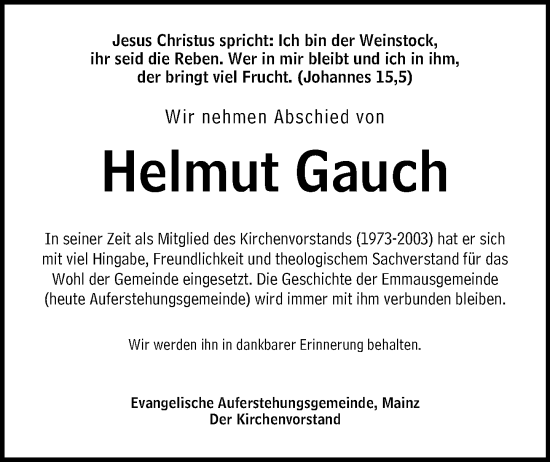 Traueranzeige von Helmut Gauch von Allgemeine Zeitung Mainz