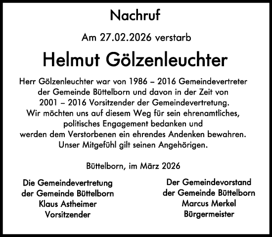 Traueranzeige von Helmut Gölzenleuchter von Groß-Gerauer Echo