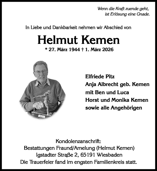 Traueranzeige von Helmut Kemen von Wiesbadener Kurier
