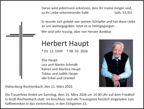 Traueranzeige von Herbert Haupt von Wetzlarer Neue Zeitung