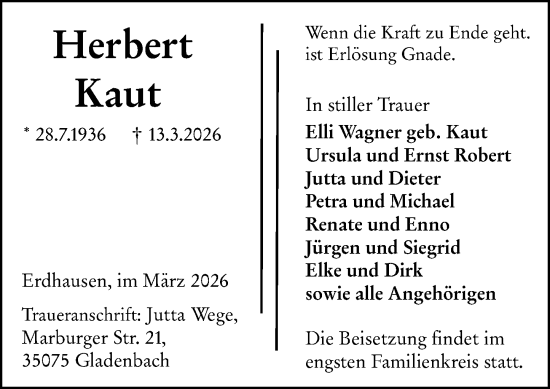 Traueranzeige von Herbert Kaut von Hinterländer Anzeiger