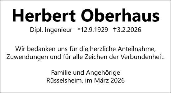 Traueranzeige von Herbert Oberhaus von Rüsselsheimer Echo