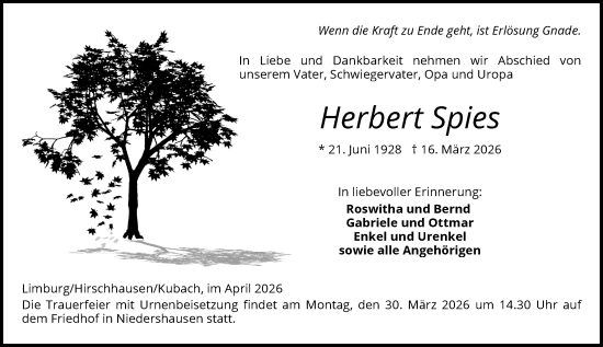 Traueranzeige von Herbert Spies von Weilburger Tageblatt