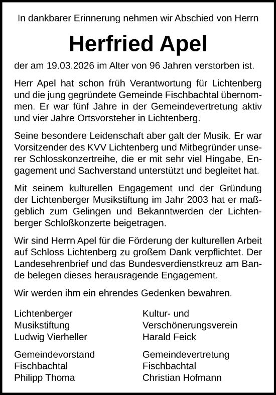 Traueranzeige von Herfried Apel von Darmstädter Echo