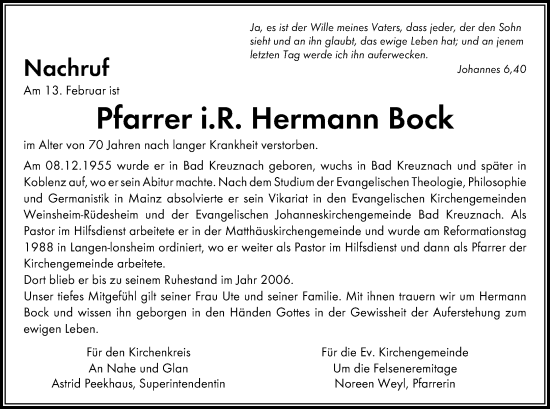 Traueranzeige von Hermann Bock von Allgemeine Zeitung Rheinhessen-Nahe