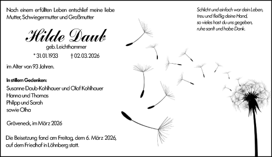 Traueranzeige von Hilde Daub von Weilburger Tageblatt