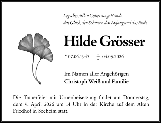 Traueranzeige von Hilde Grösser von Darmstädter Echo