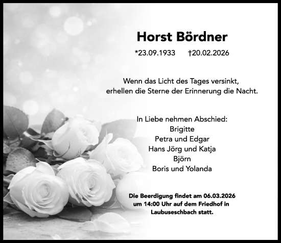 Traueranzeige von Horst Bördner von Weilburger Tageblatt