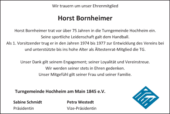 Traueranzeige von Horst Bornheimer von Hochheimer Zeitung