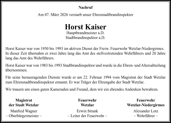 Traueranzeige von Horst Kaiser von Wetzlarer Neue Zeitung