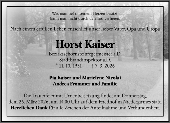 Traueranzeige von Horst Kaiser von Wetzlarer Neue Zeitung