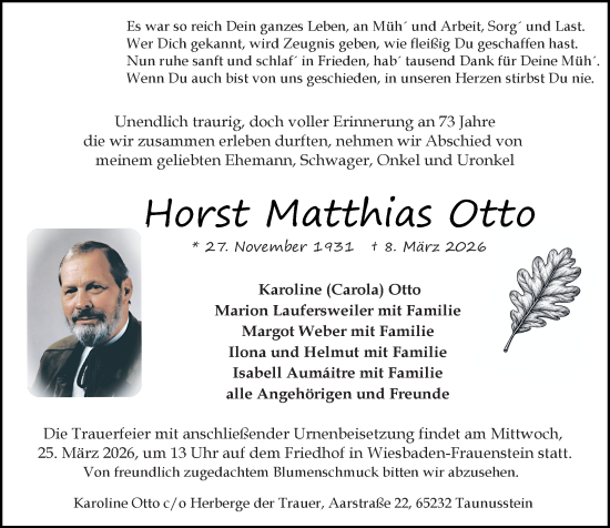Traueranzeige von Horst Matthias Otto von Wiesbadener Kurier