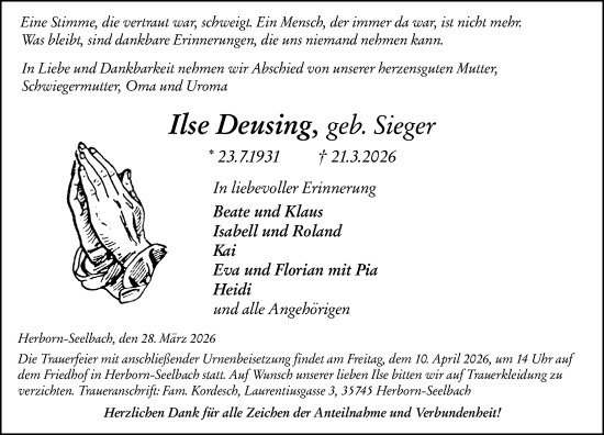 Traueranzeige von Ilse Deusing von Dill Block