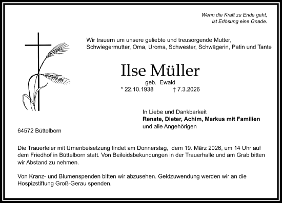 Traueranzeige von Ilse Müller von Groß-Gerauer Echo