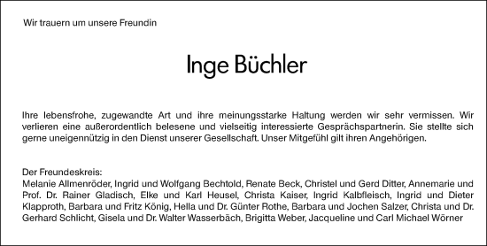 Traueranzeige von Inge Büchler von Odenwälder Echo