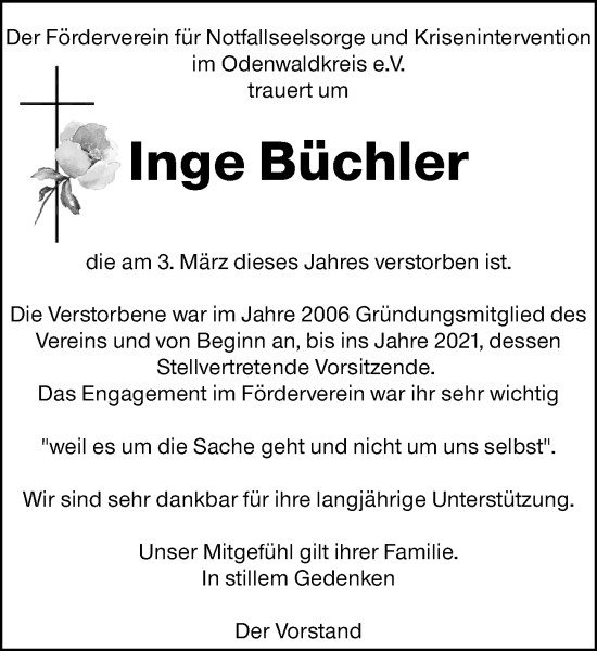 Traueranzeige von Inge Büchler von Odenwälder Echo