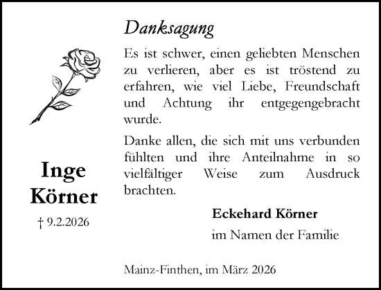 Traueranzeige von Inge Körner von Allgemeine Zeitung Mainz