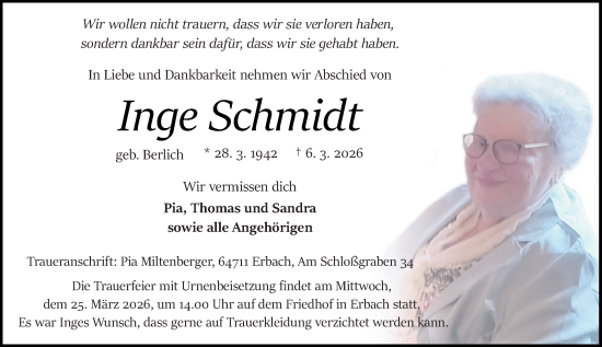 Traueranzeige von Inge Schmidt von Odenwälder Echo