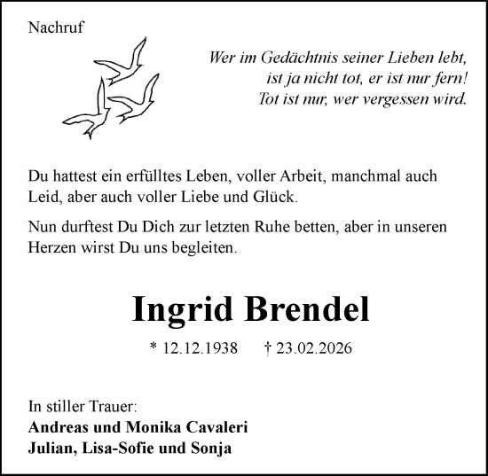 Traueranzeige von Ingrid Brendel von Allgemeine Zeitung Mainz