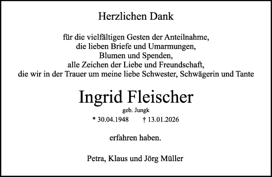 Traueranzeige von Ingrid Fleischer von Allgemeine Zeitung Rheinhessen-Nahe
