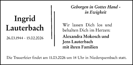 Traueranzeige von Ingrid Lauterbach von Wetzlarer Neue Zeitung