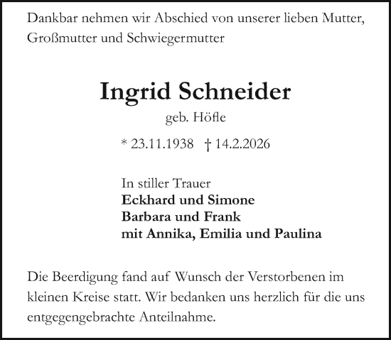 Traueranzeige von Ingrid Schneider von Darmstädter Echo